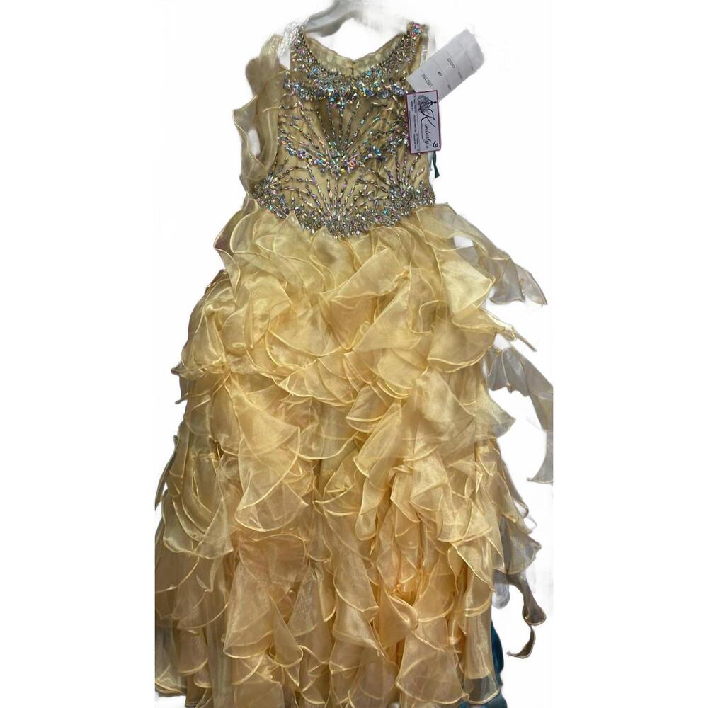 NEW LITTLE ROSIE girl's glitz long pageant dress in gold